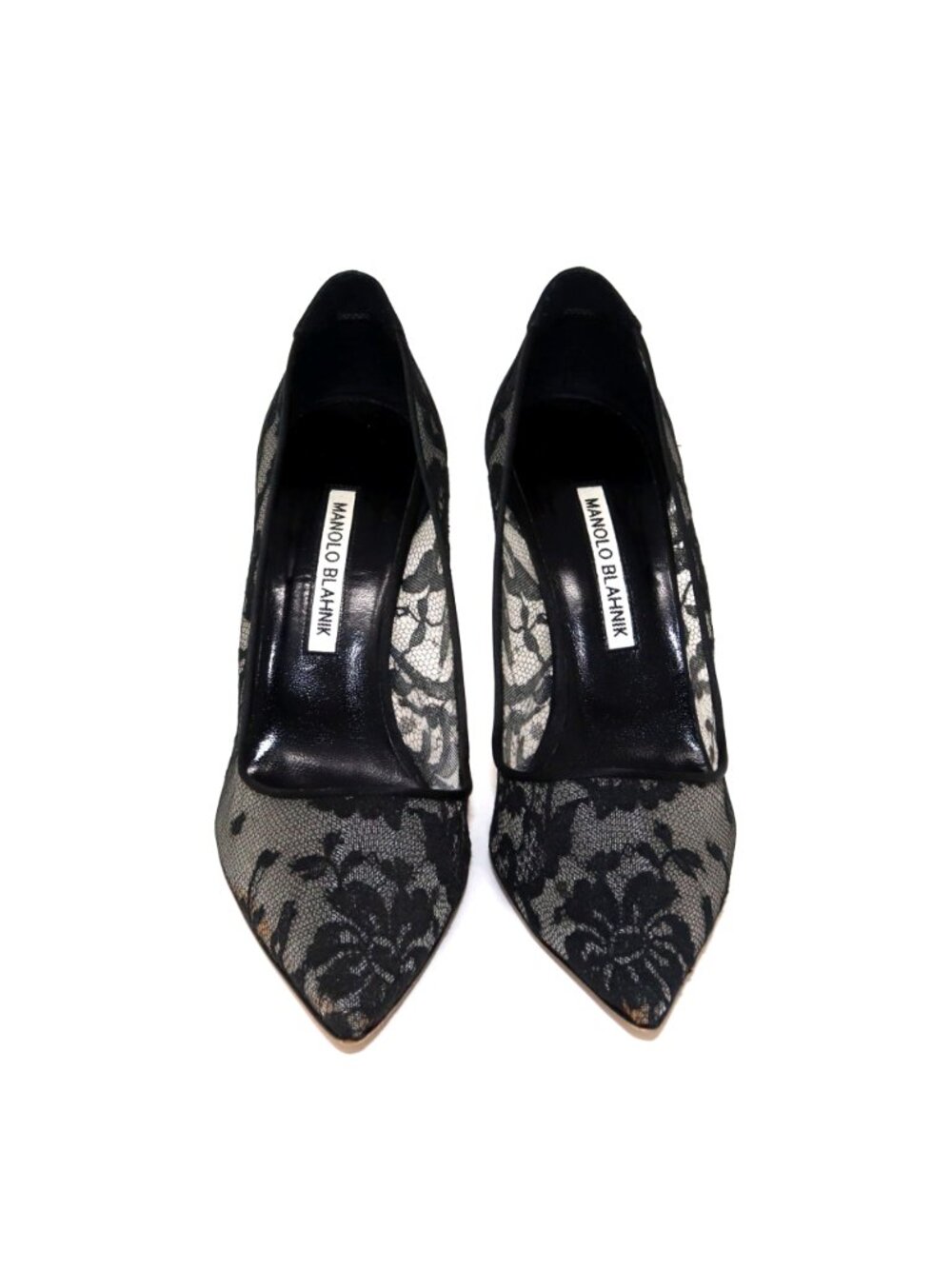 SOLD——- Manolo Blahnik 38 BB 105 Black Floral Lace Satin Stiletto Point Toe Pump - Picture 11 of 15